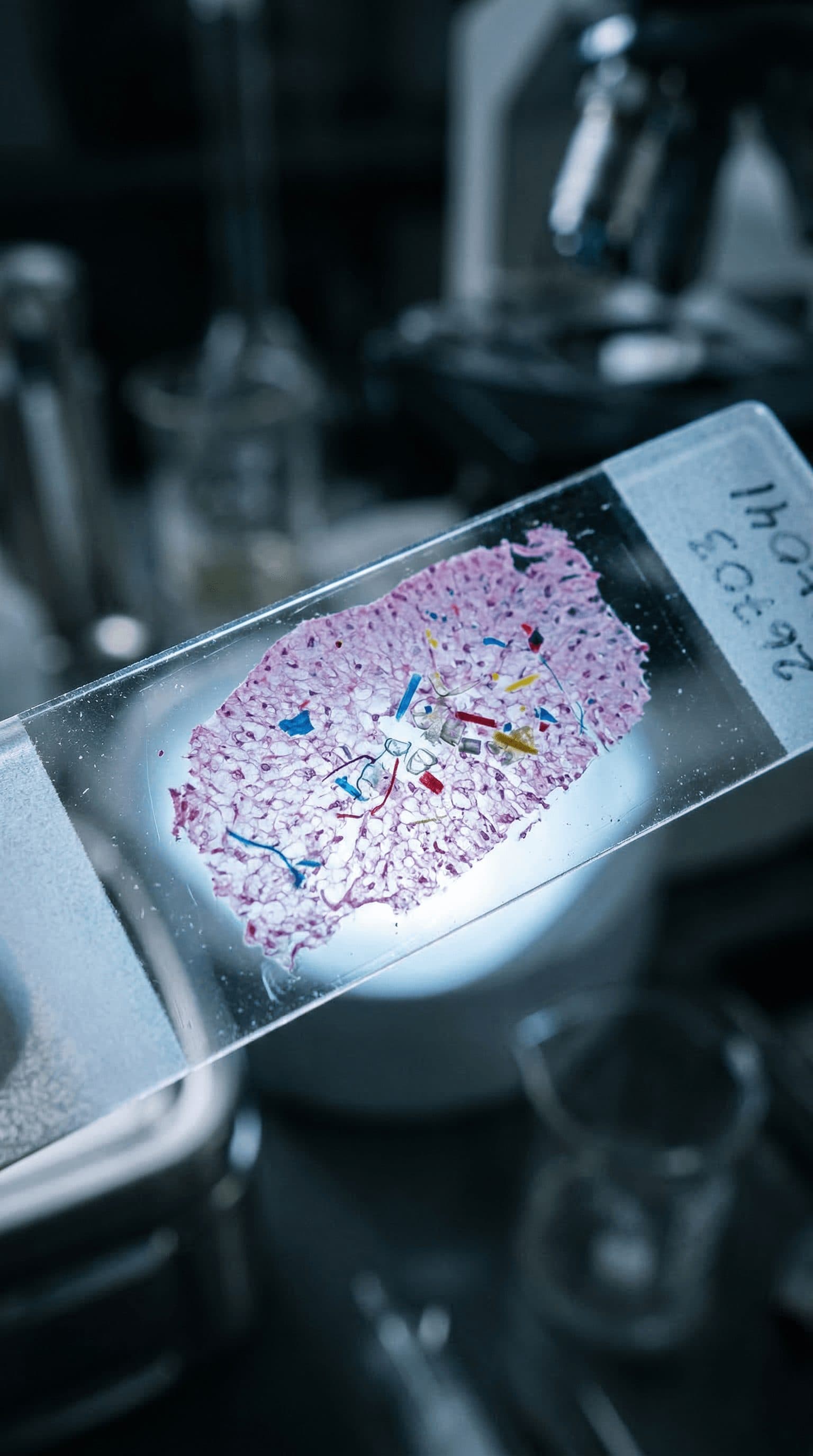 Microplastic particles visualised on a tissue slide