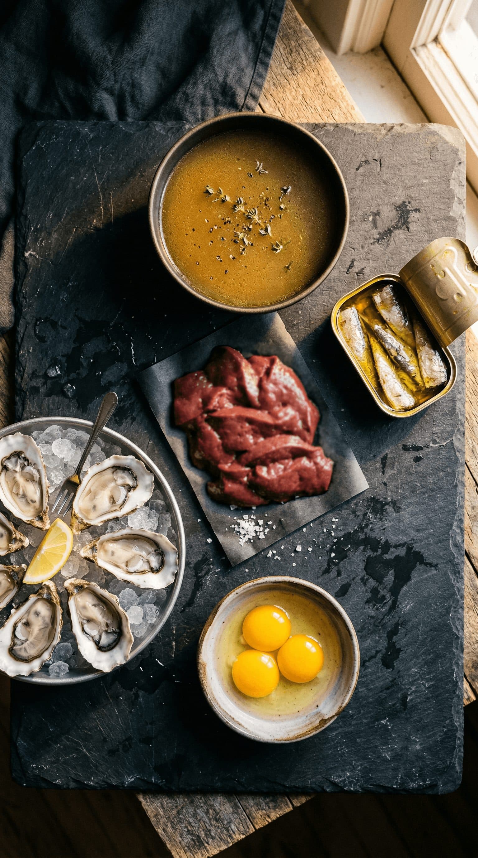 Beef liver and ancestral foods on a slate