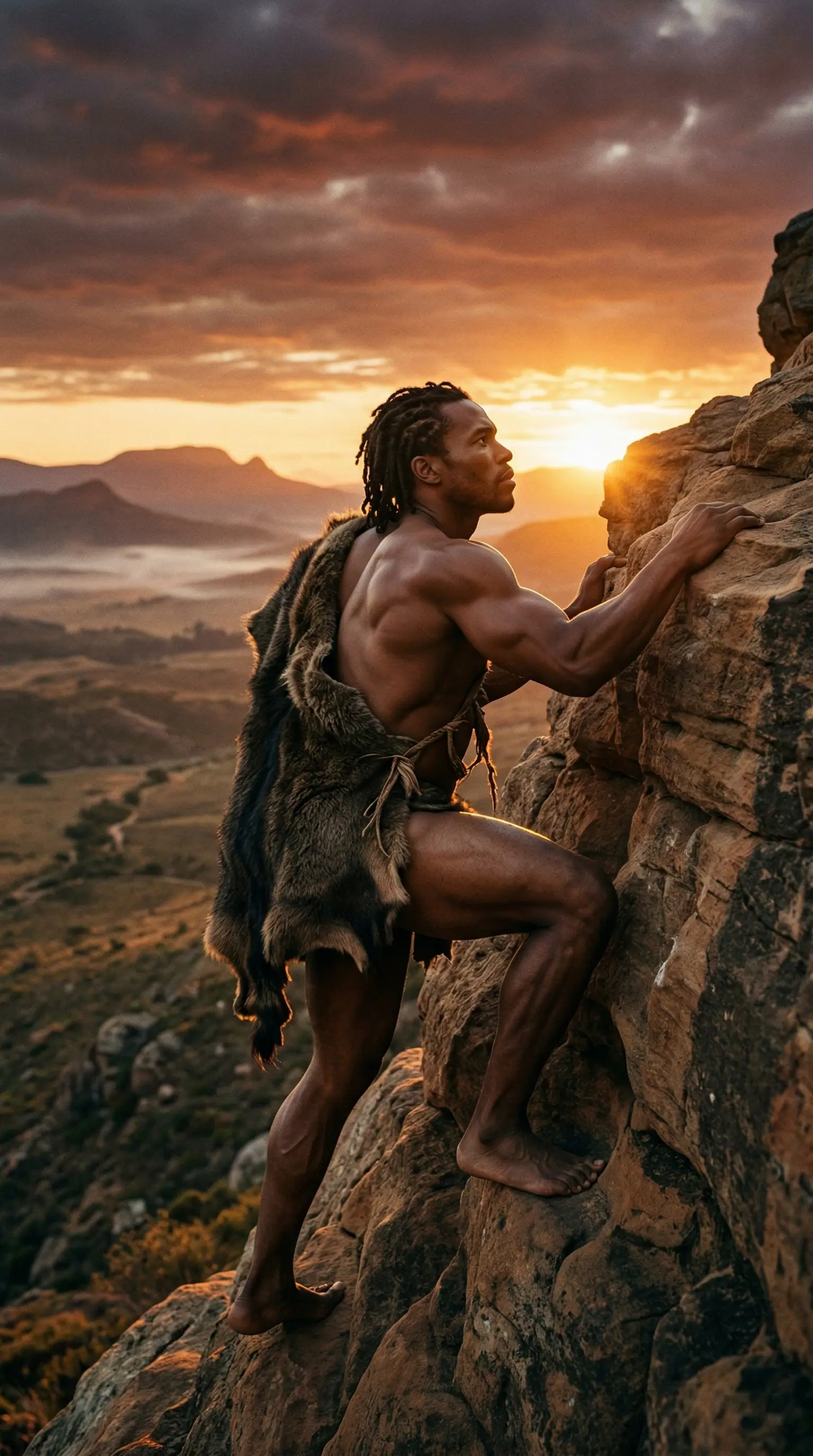 Ancestral figure climbing rock face at sunset