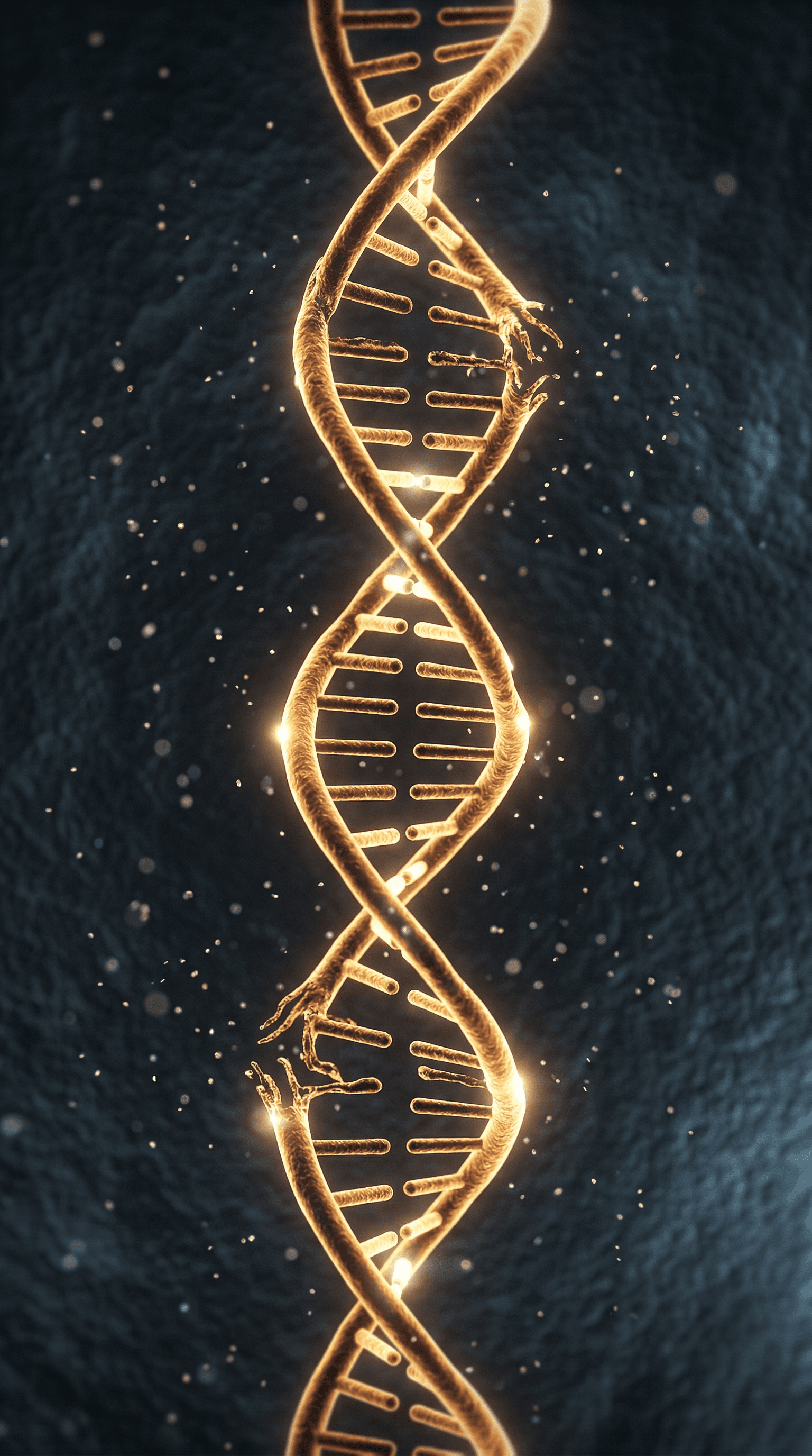 Golden DNA double helix glowing in darkness