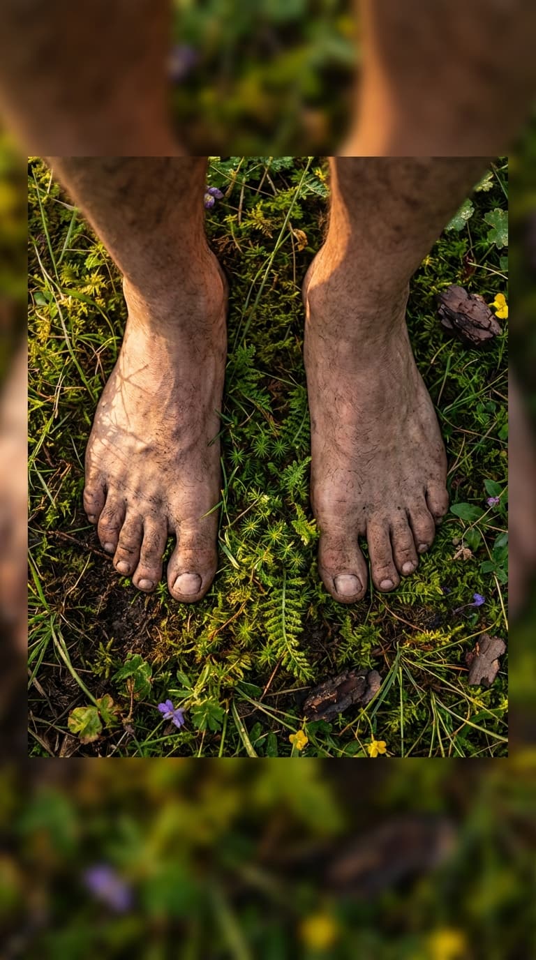Bare feet on moss and earth