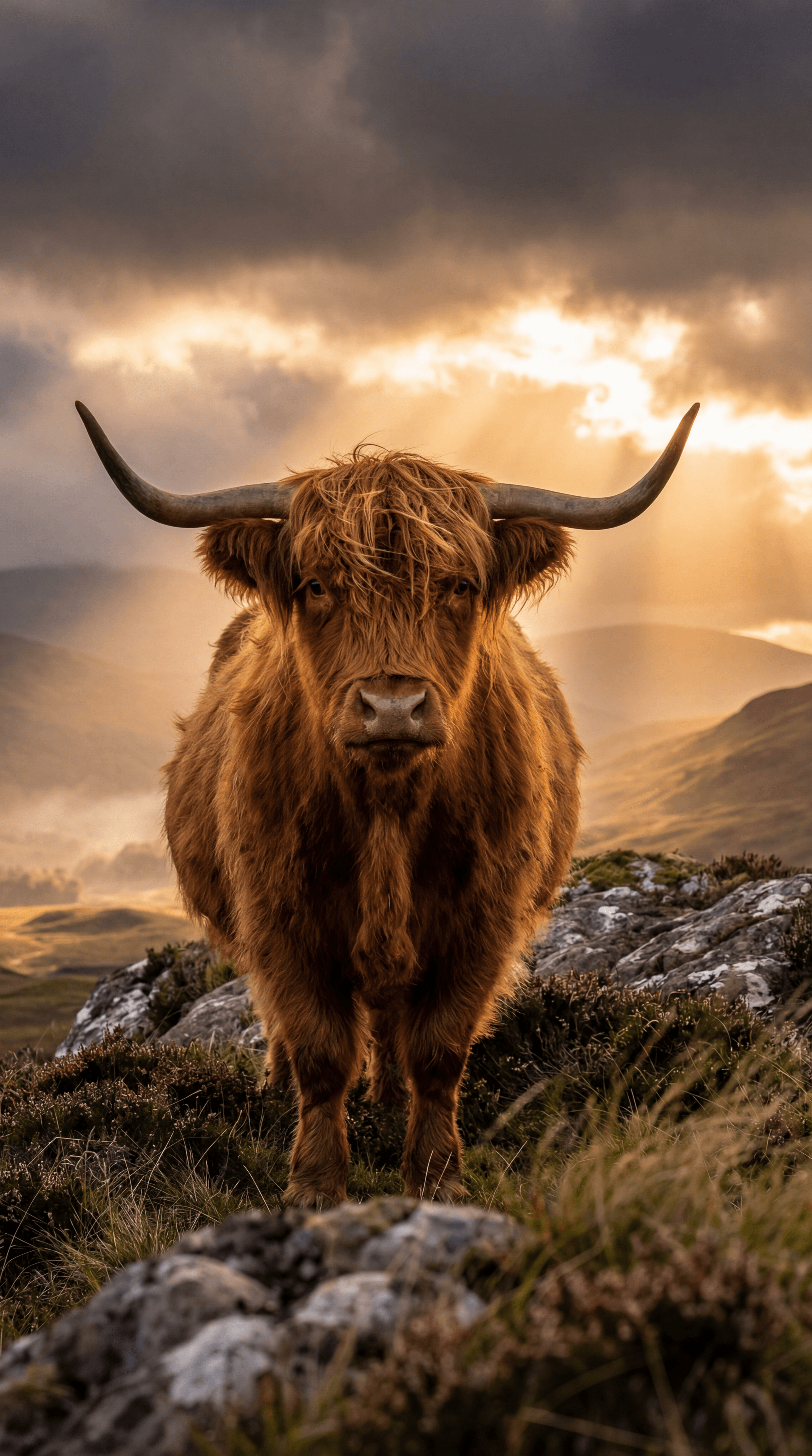Highland cow on misty ridge at golden hour